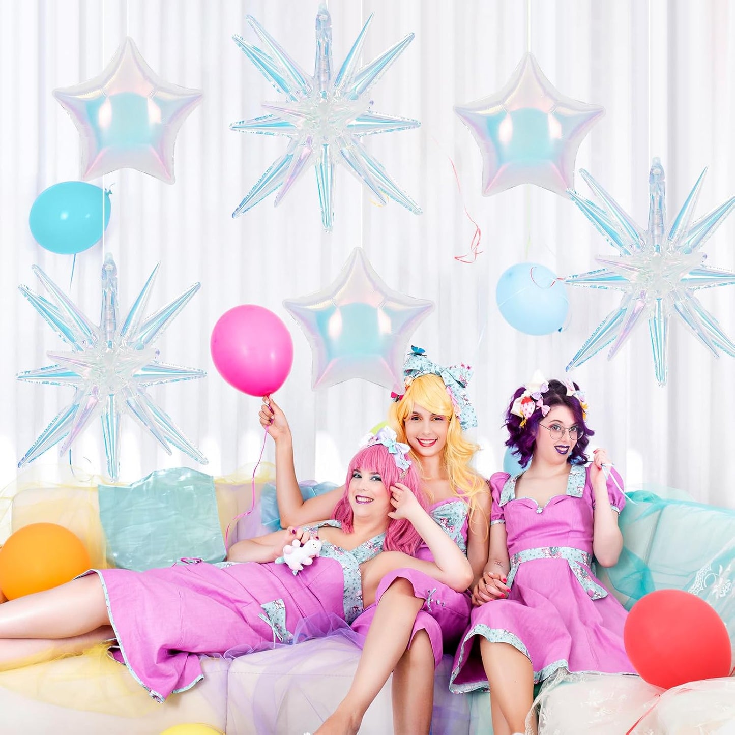 6Pcs Iridescent Foil Balloons, 22" 18" Star Iridescent Balloons Large Holographic Spike Cone Clear Foil Balloon for Birthday Baby Shower Mermaid Rainbow Wedding Party Decorations