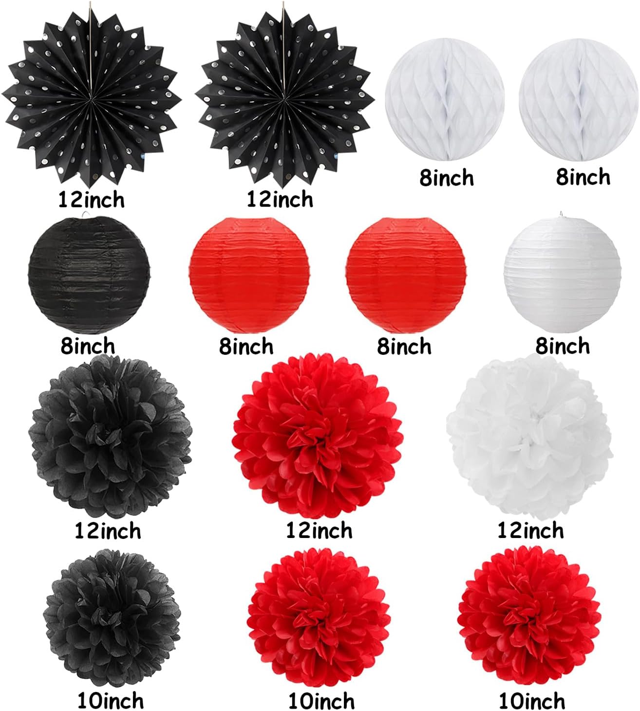 Black White-Red Party-Decorations Streamers Lanterns - 14pcs Birthday Graduation 2025 Paper Honeycomb Fan,Tissue Pom Poms,Men Women Wedding Baby Shower Backdrop Supplies Decor Ouruola