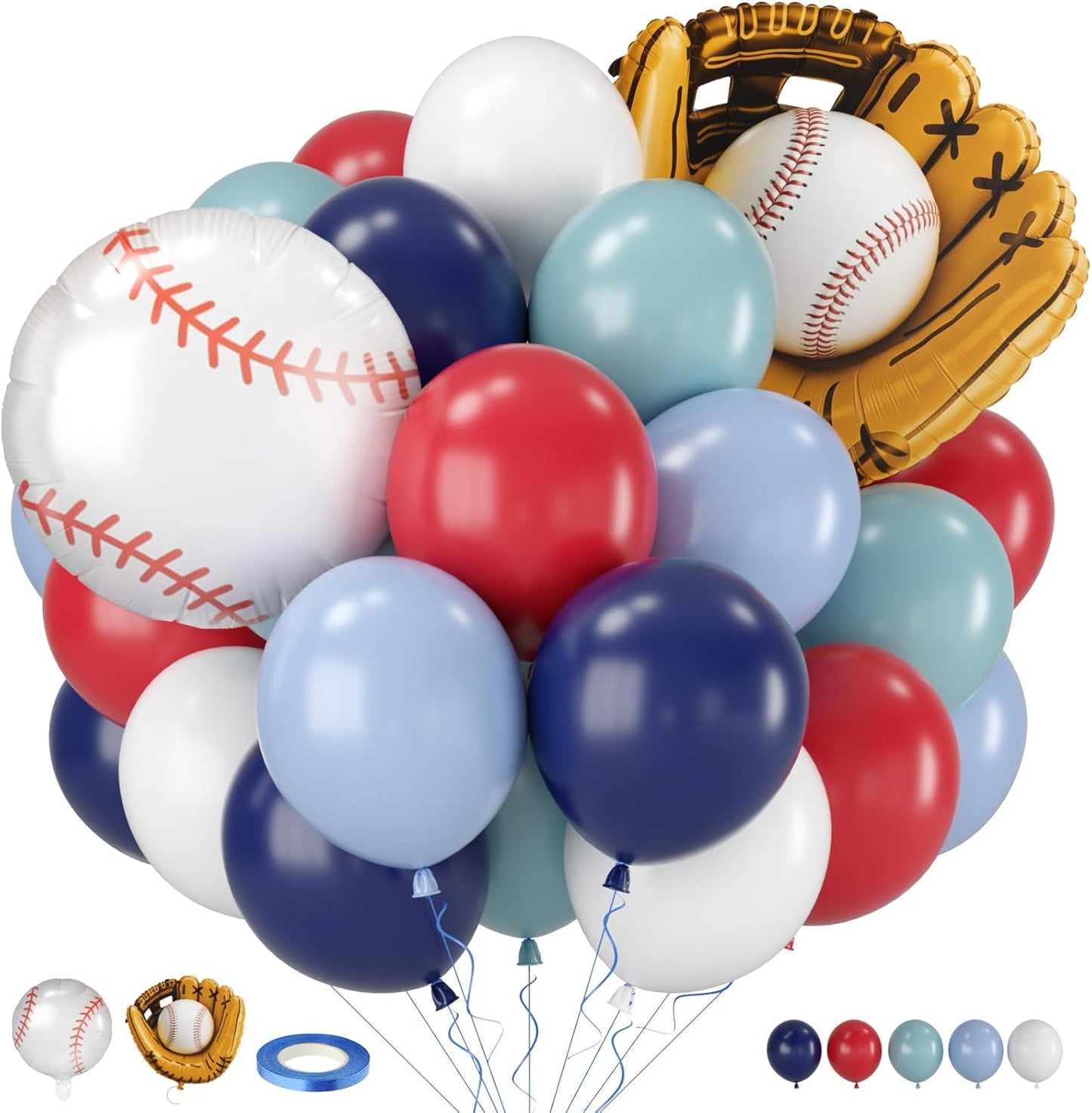 Baseball Balloons, 12 Inch Navy Blue Red White Light Dusty Blue Balloons with Baseball Gloves Ball Foil Balloon for Boys Baseball Themed Birthday Baby Shower Sport Theme Party Decorations