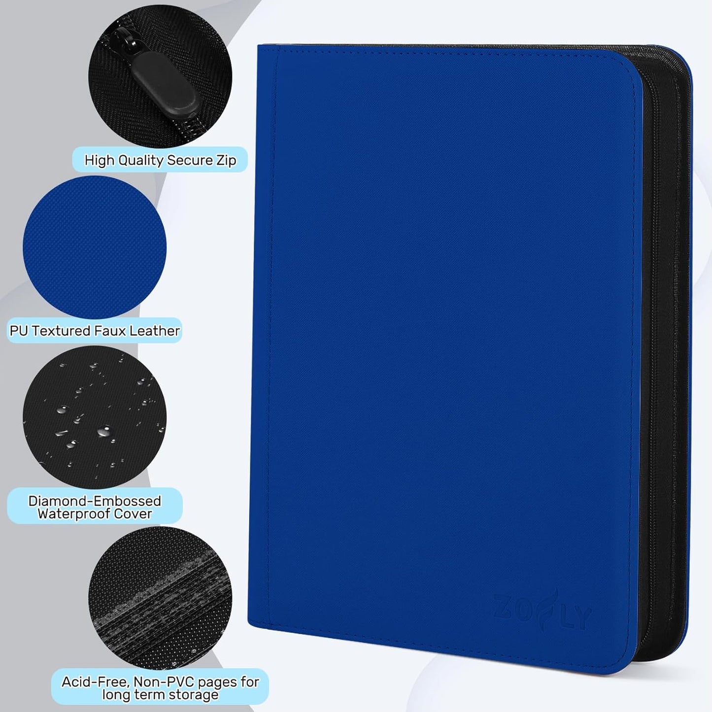 9 Pocket Trading Card Zip Binder, 30 Pack Side-Loading Card Album, Ringless Card Binder with Premium Textured Faux Leather Cover, 540 Cards Folder for Collectible Game, MTG, TCG, Sports Cards, Blue