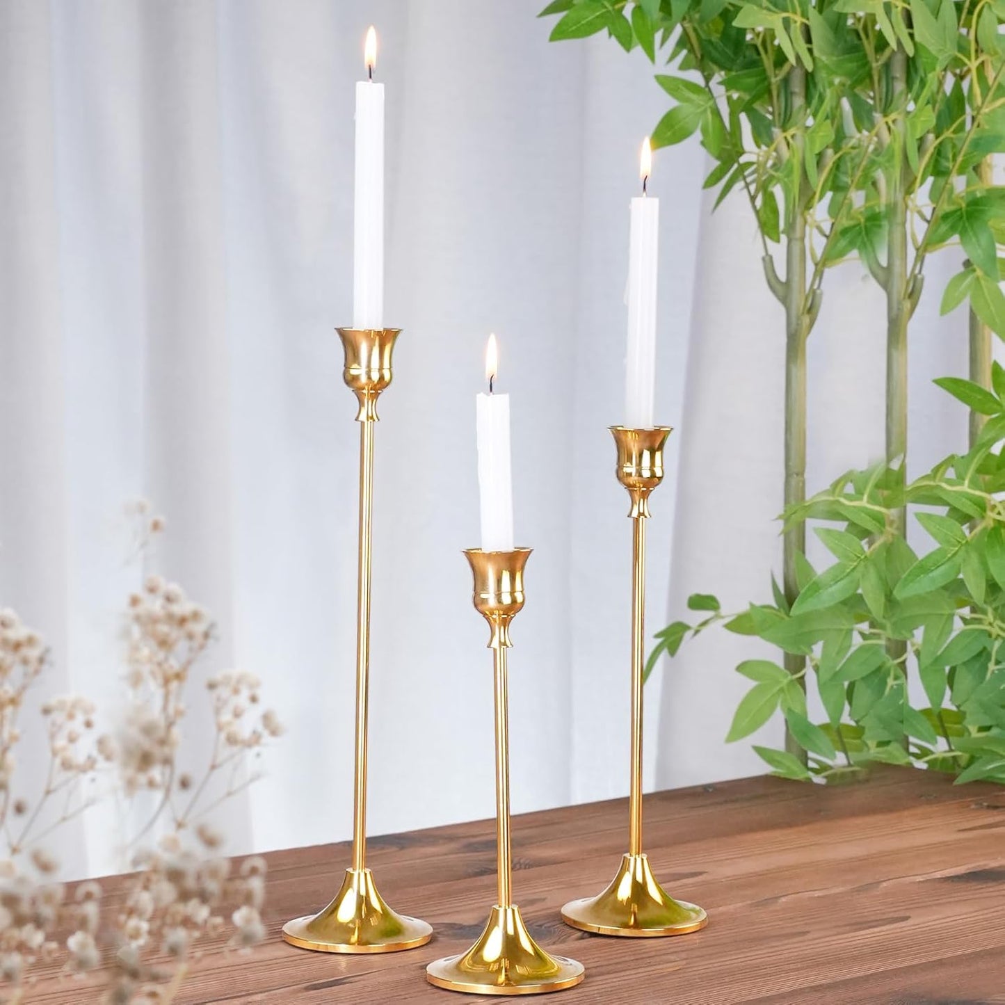 Metal Candle Holders for Candlesticks Taper Candlestick Holders Set Vintage Decorative Centerpiece Candelabra Tall Candle Stands for Halloween Thanksgiving Christmas (Gold, 4 Sets (12 pcs))