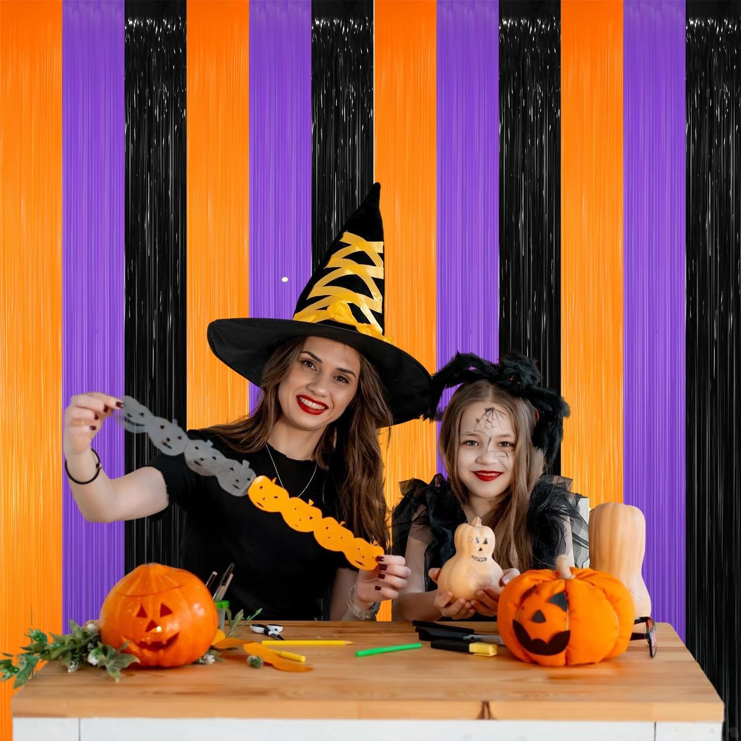 GOER 3.2 ft x 8.2 ft Metallic Tinsel Foil Fringe Party Backdrop for Halloween Birthday Graduation New Year's Party Decorations(3 Packs,Black&Orange&Purple)