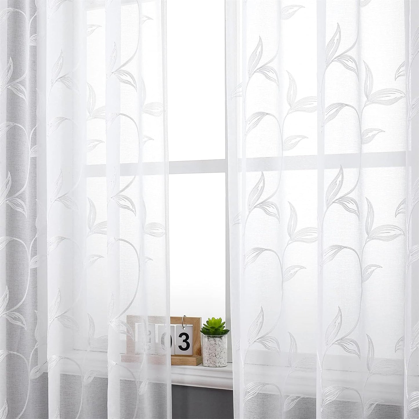 VISIONTEX White Sheer Voile Curtains, Decorative White Embroidery Faux Linen Rod Pocket Window Drapes for Home Kitchen, Living Room and Bedroom 54 x 108 Inch, Set of 2 Curtain Panels