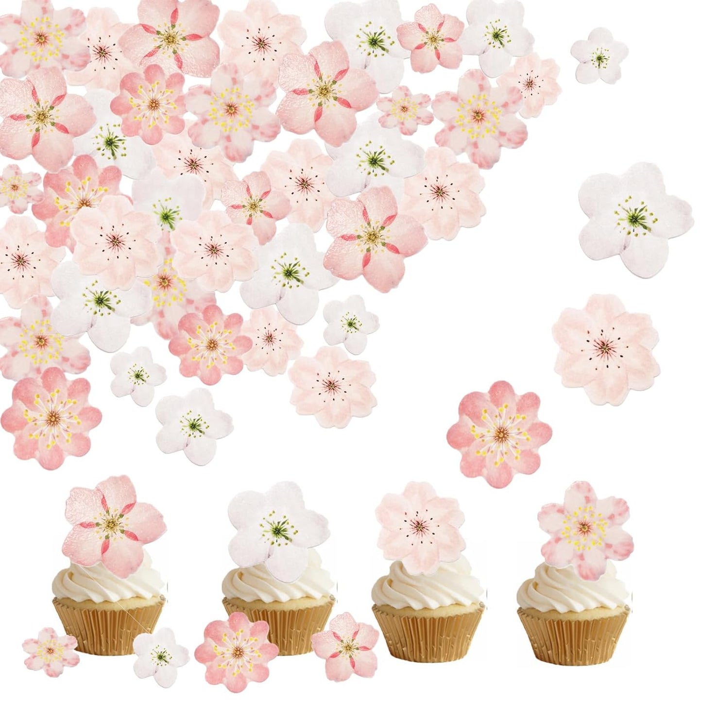 Wafer Leaves Sunflower Snowflakes Unicorn Wings Cupcake & Cake Toppers Decoration (48pcs cherry blossom)