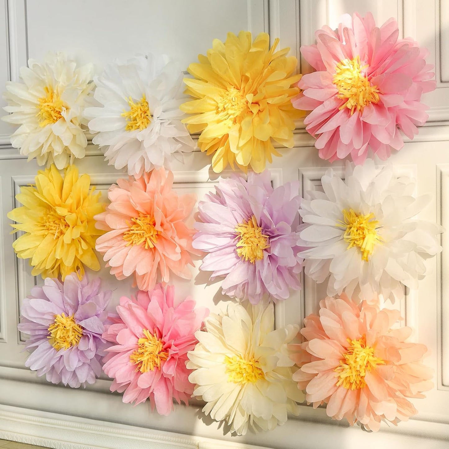 12 Pcs Daisy Tissue Paper Pom Poms Party Decorations Colorful Tissue Flowers Spring Party Decoration Paper Flowers Decorations for Wall Backdrop Garden Wedding Decor