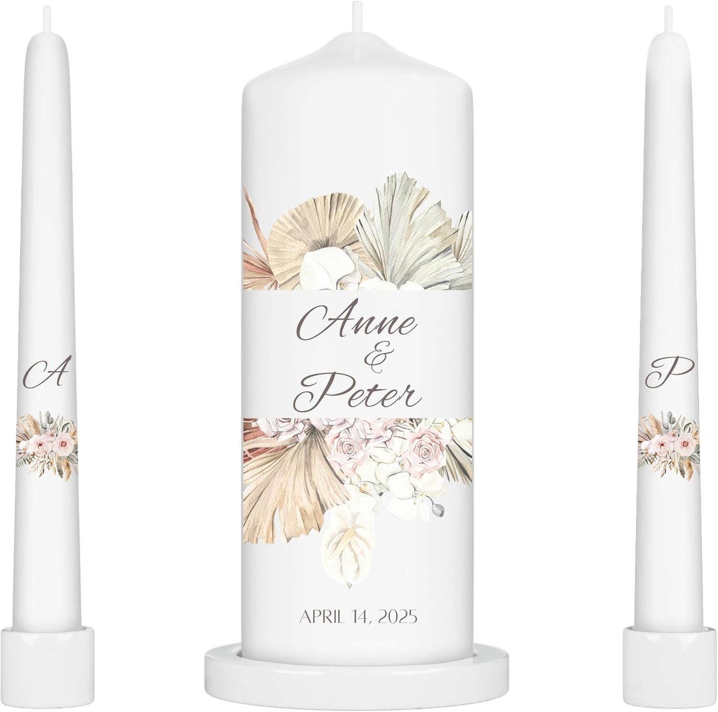 Unity Candles for Wedding, Modern Unity Set, Custom and Personalized Pillar and Taper Candles, Unscented White Premium Wax, Religious and Wedding Ceremony, Special Events (Palm)