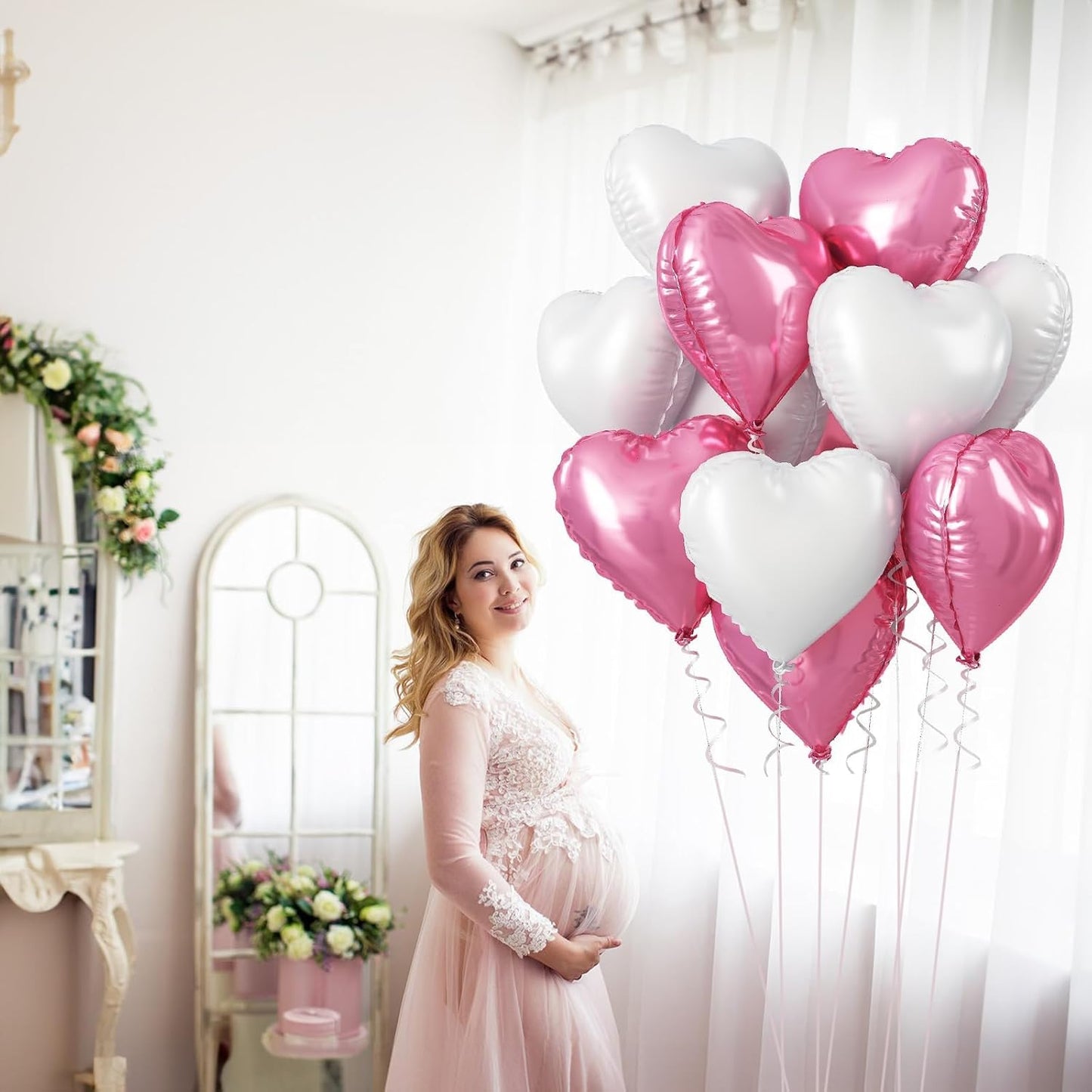 Heart Foil Balloons, 18 Inch White & Pink Heart Shape Mylar Balloons for Valentine's Day, Birthday, Wedding, Baby Shower Party Decoration