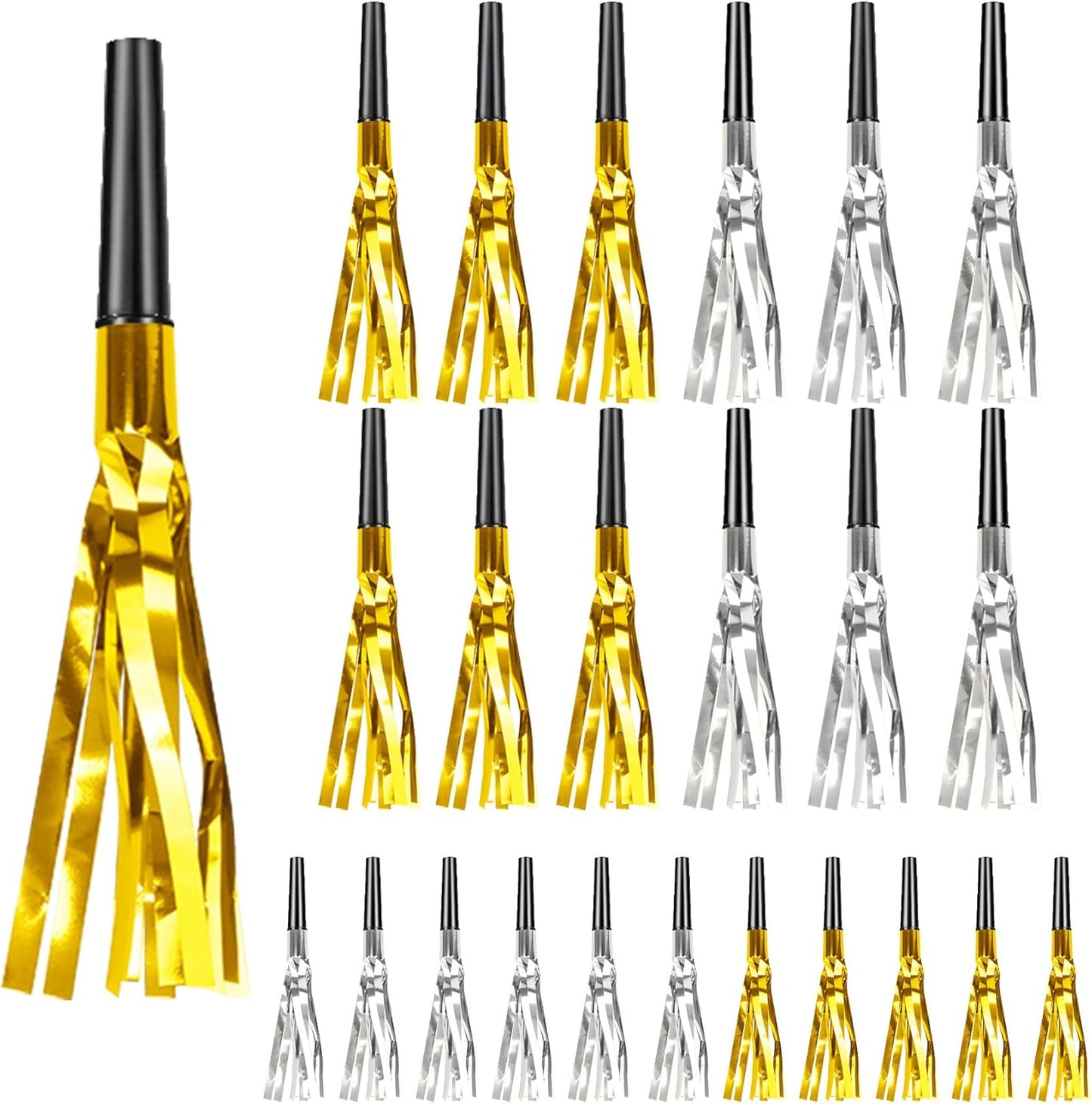 Party Blowers, 24 PCS New Years Noise Makers, Gold Silver Glitter Metallic Fringed Party Blowouts, Blow Horns Whistles for Kids Birthday Graduations Christmas Weddings Family Sporting Events Supplies