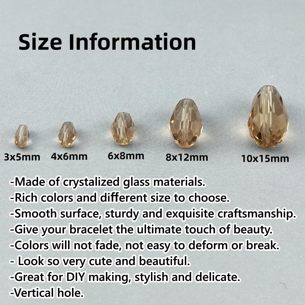 200pcs 3x5mm Teardrop Crystal Glass Beads for Jewelry Making, Faceted Vertical Hole Teardrop Glass Spacer Beads for Wind Chimes Bracelet Earring Necklace DIY Craft(Champagne)