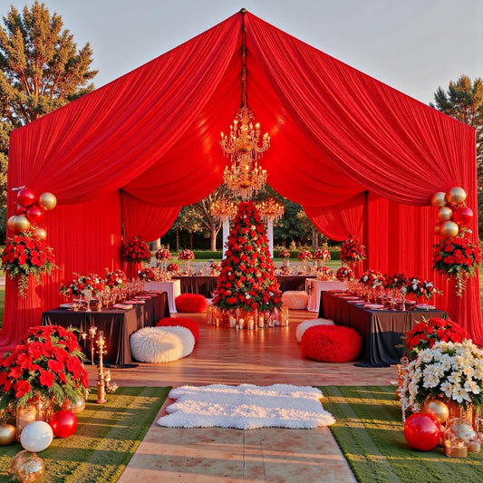 PartyVillage 20ftx40ft Red Ceiling Curtain for Wedding Parties – 4 Panels Wrinkle-Free 40 FT Long Tent Draping Curtains for Wedding, Birthday & Theme Parties, 40ft Height with Rod Pocket