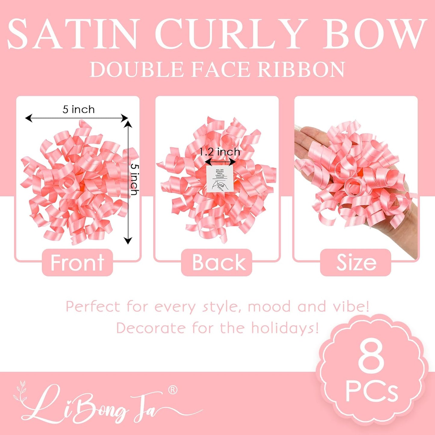 5 Inch Baby Pink Gift Bow Curly Ribbon Bows Set of 8, Double Faced Satin Ribbon Bow Premade Self Adhesive Bow Decorations for Party, Wedding, Holiday, Bows for Crafts, Wine Bottle, Presents