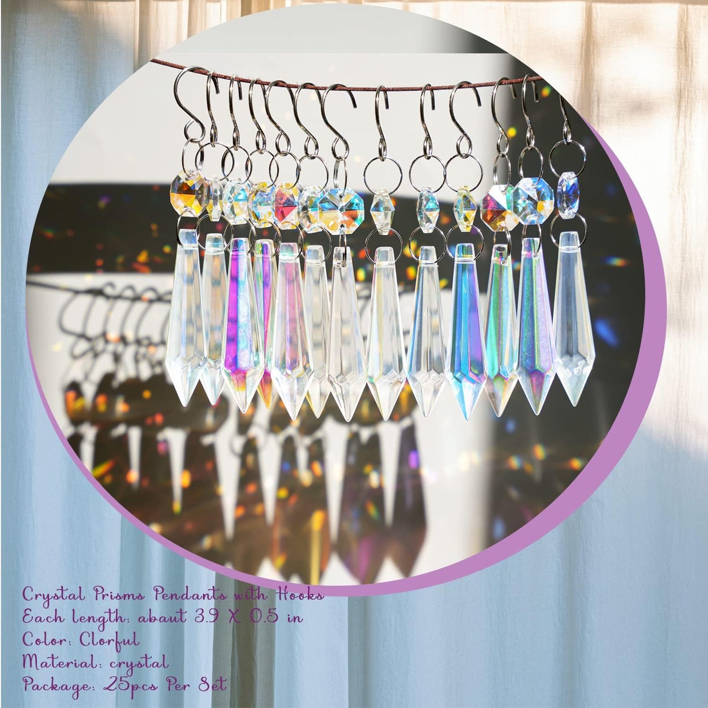 25pcs 55mm Colored Crystals for Chandeliers with Hooks,Suncatcher Crystal Garland with Octagon Crystal Beads,Hanging Crystals for Lamp,Windows,Wedding Decoration