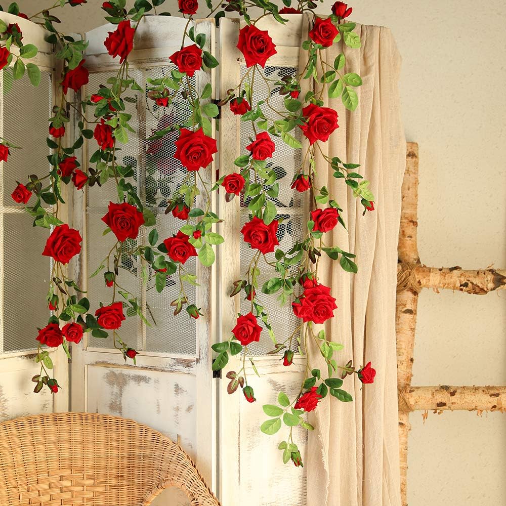 Veryhome Rose Vine Artificial Flower Garland Fake Hanging Rose Ivy Plants 6ft for Wedding Home Party Garden Arrangement Decor Pack of One (Red)