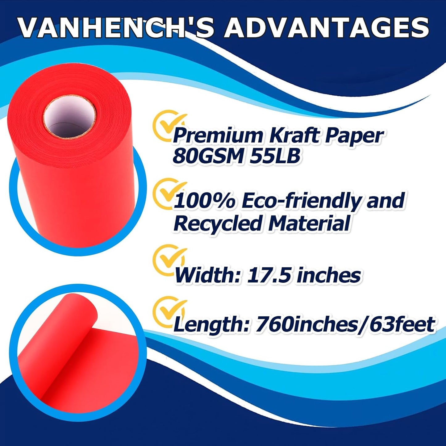 Vanhench Red Wrapping Paper Roll 17.5" x 760" (63') for Women Men Kids Girls, Solid Color Art Kraft Craft for Wedding, Birthday, Mothers Day Gifts, Bouquet Flower Poster Bulletin Board