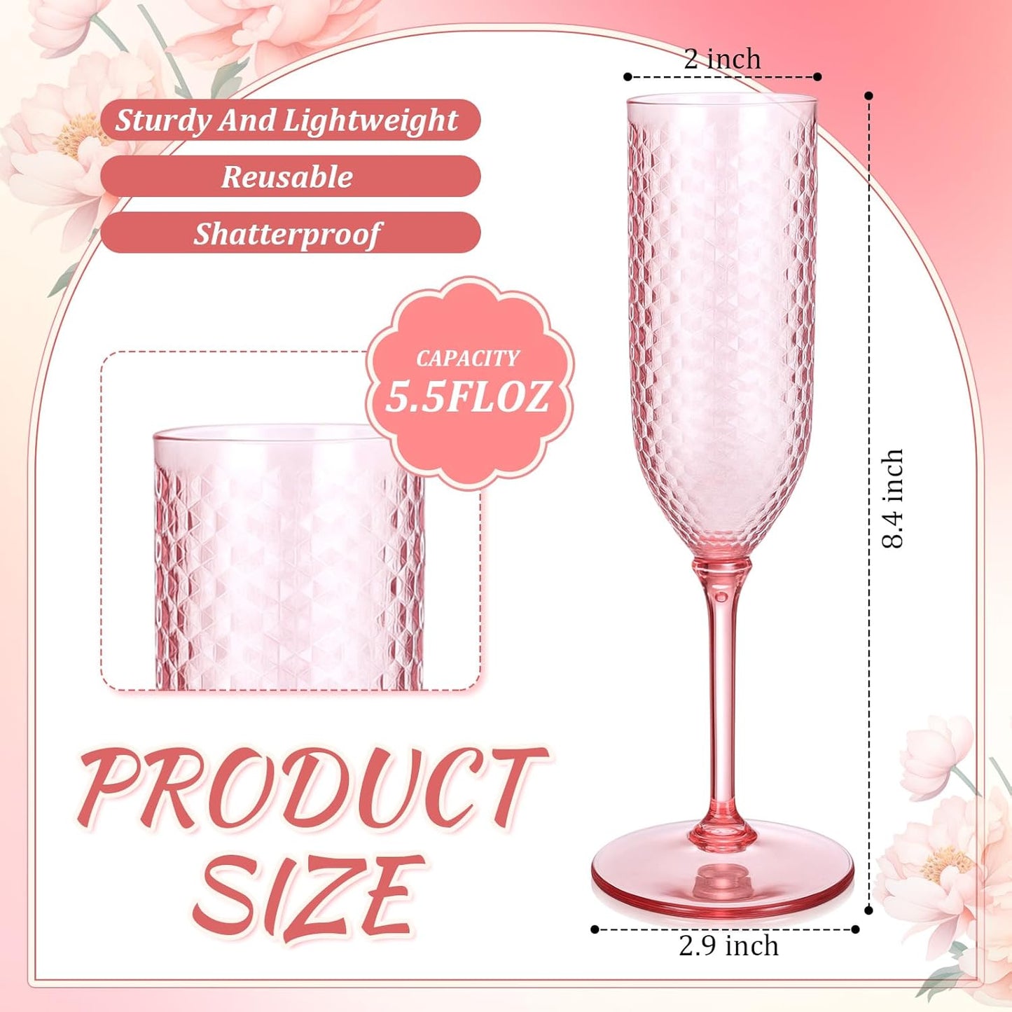Remerry 24 Pack Detachable Plastic Champagne Flutes 5.5 oz Champagne Glasses Bulk Disposable Mimosa Glasses Reusable Wine Cups for Wedding Toasting Baby Shower Birthday Party New Years (Pink)