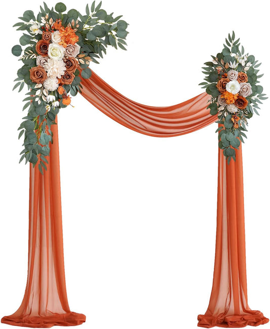 Burnt Orange Artificial Wedding Arch Flowers Kit (Pack of 3) with 26Ft Terracotta Shiny Arch Draping Fabric for DIY Wedding Party Ceremony Reception Backdrop Floral Decoration