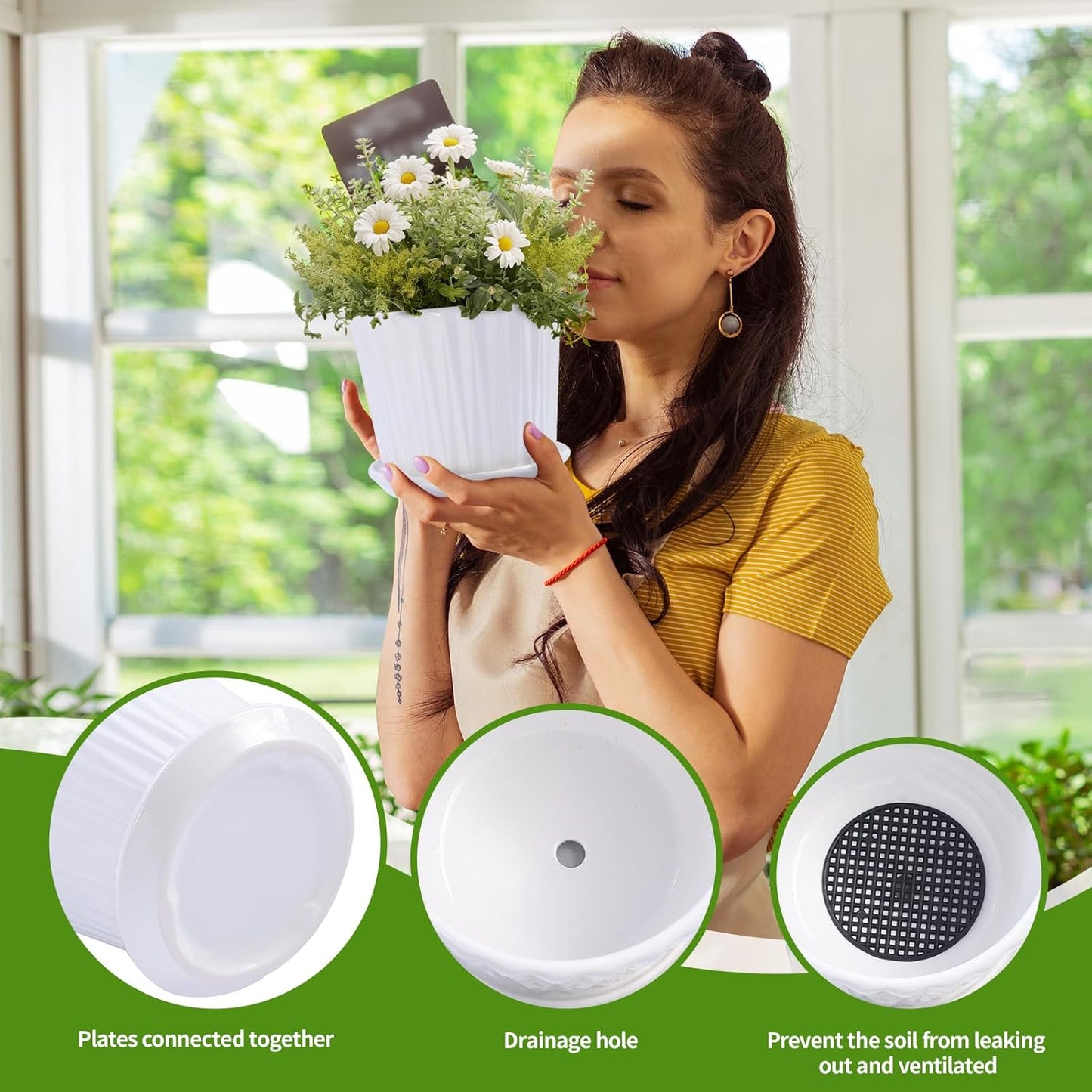 Plant Pots - 5.5 Inch Cylinder Ceramic Planters with Connected Saucer, Pots for Succuelnt and Little Snake Plants, Set of 4, White