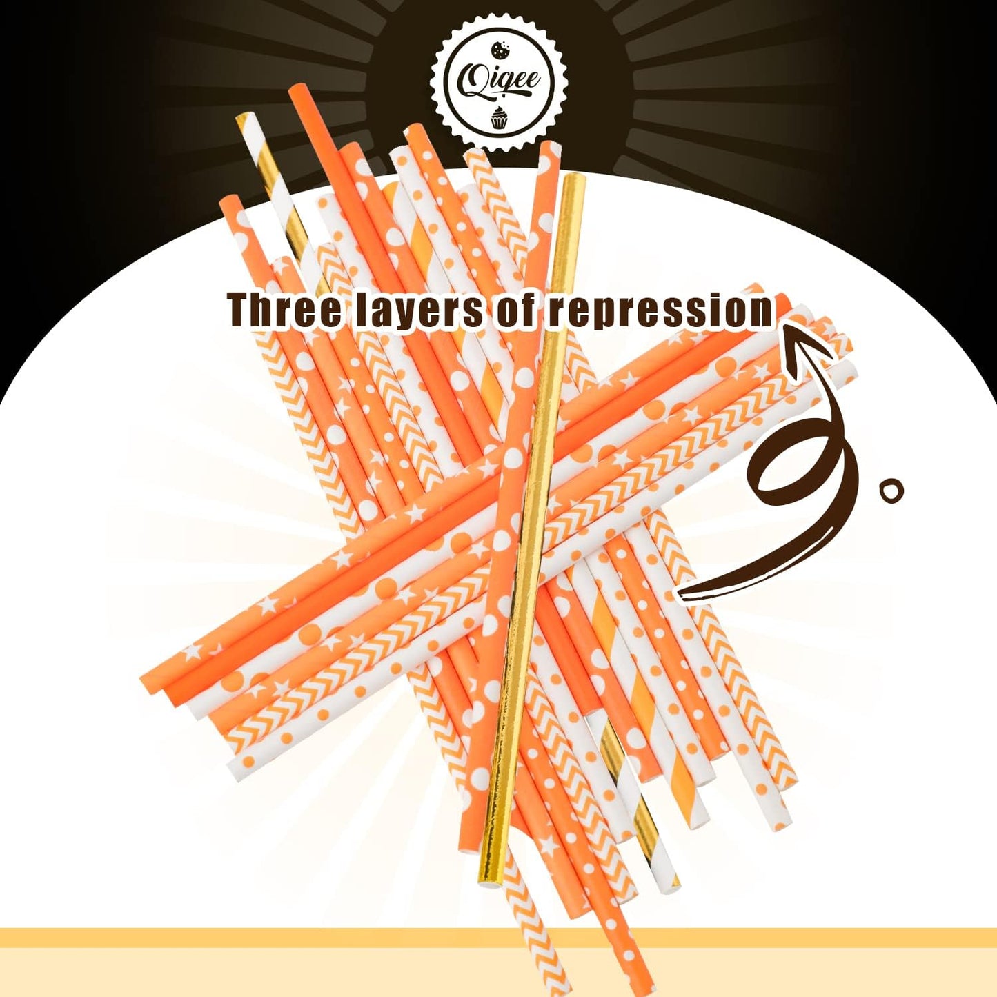 qiqee Gold Orange Disposable Straws for Drinking 150pcs Disposable Straws Bulk（10 Pattern）