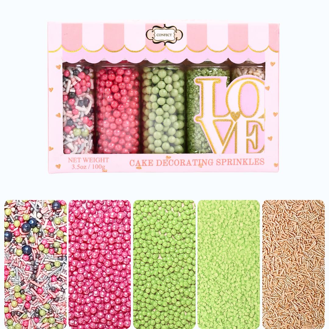 Confect Sprinkles for Cakes & Cupcakes | Birthday Party Mix - Hot Pink, Black & Orchid Green Dragees, Gold, Green Sparkling Sugar | Vegan, Gluten-Free, Nut-Free, Dairy-Free | Handcrafted - 5 Oz