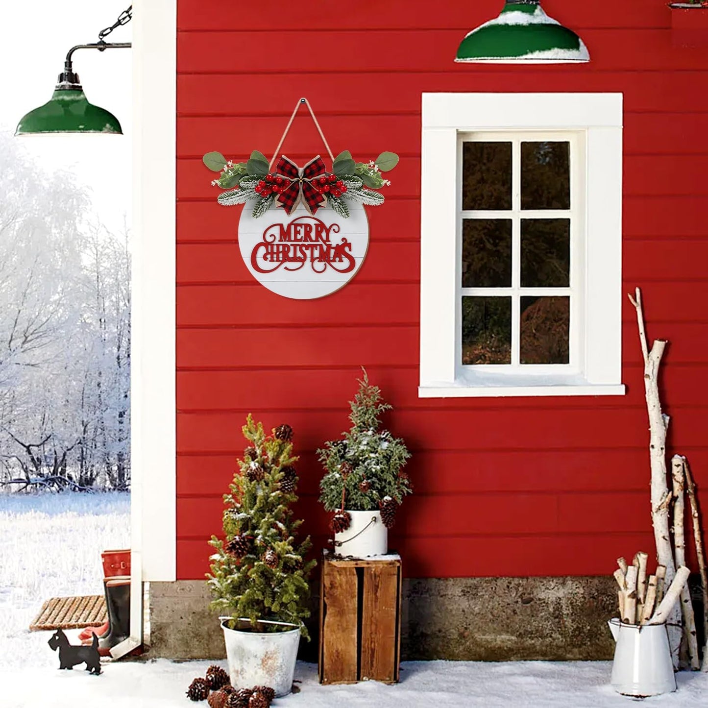 CHDITB Cute Merry Christmas Wooden Front Door Wreath(11.4”x11.4”), Farmhouse 3D Christmas Decor Hanging Sign with Red Plaid Bow Berries Mistletoe, Housewarming Gift for Xmas Winter Holiday New Year