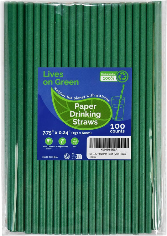 Disposable Paper Straws Solid Green - 7.75'' x 0.24'', 100 Counts - for Drinking, Beverage, Juice, Soda, Bar Supplies
