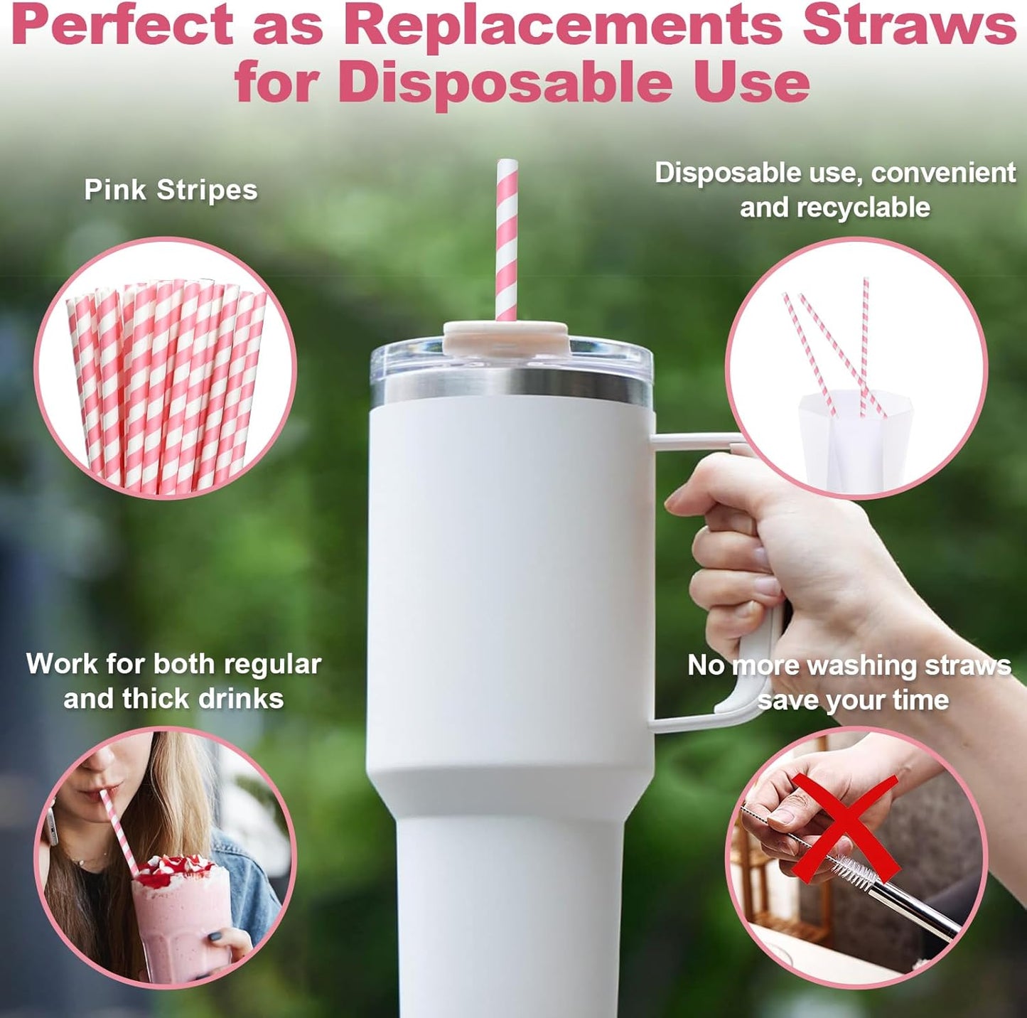 14 inch Extra Long Disposable Pink/White Striped Paper Drinking Straws 0.31" Wide - 100 Counts, Biodegradable