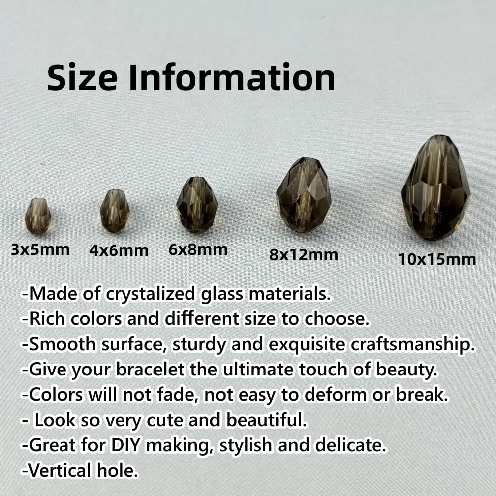 50pcs 10x15mm Teardrop Crystal Glass Beads for Jewelry Making, Faceted Vertical Hole Teardrop Glass Spacer Beads for Wind Chimes Bracelet Earring Necklace DIY Craft(Gray)