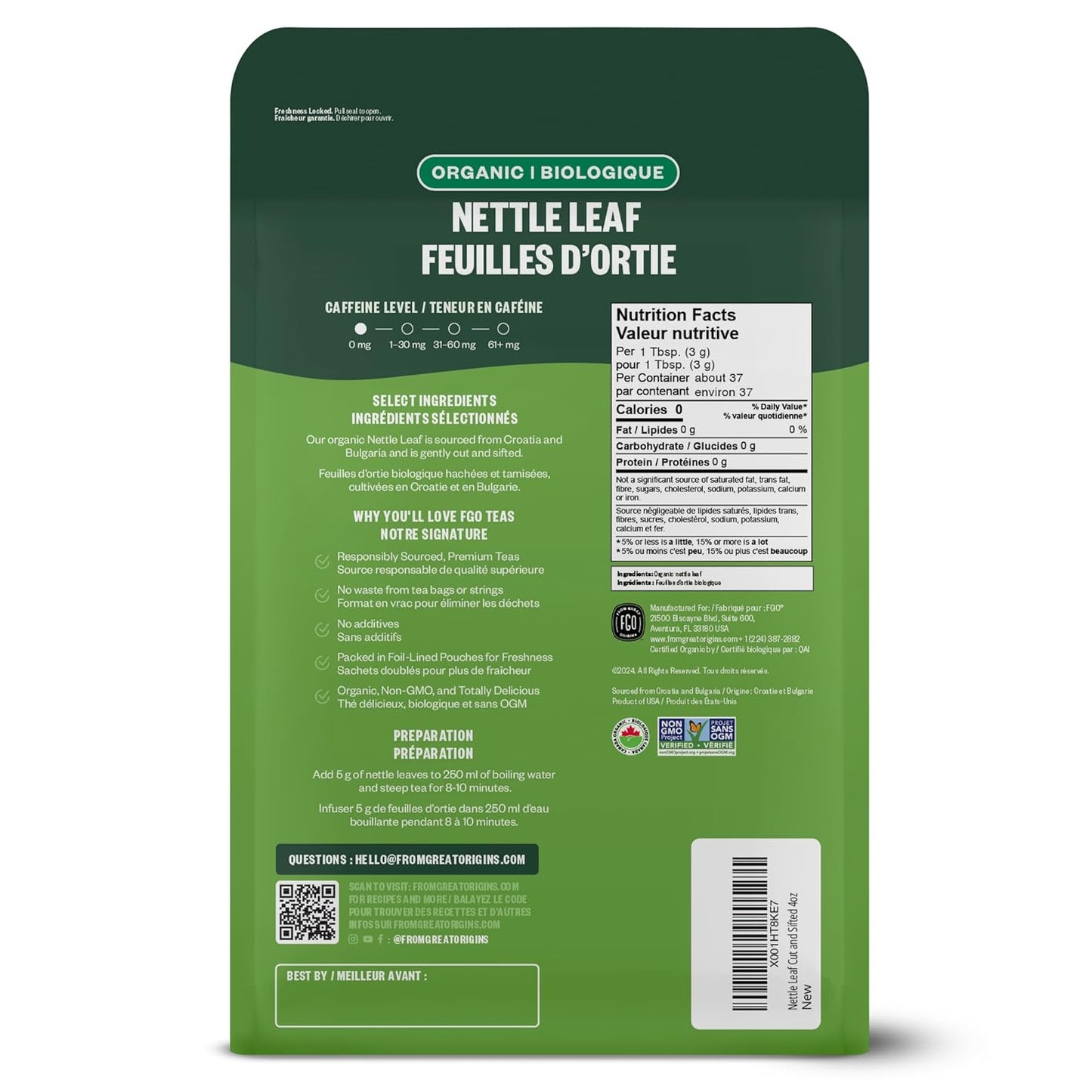 FGO Organic Nettle Leaf Loose Tea, Cut and Sifted, Caffeine Free, 4oz Resealable Bag, Packaging May Vary (Pack of 1)