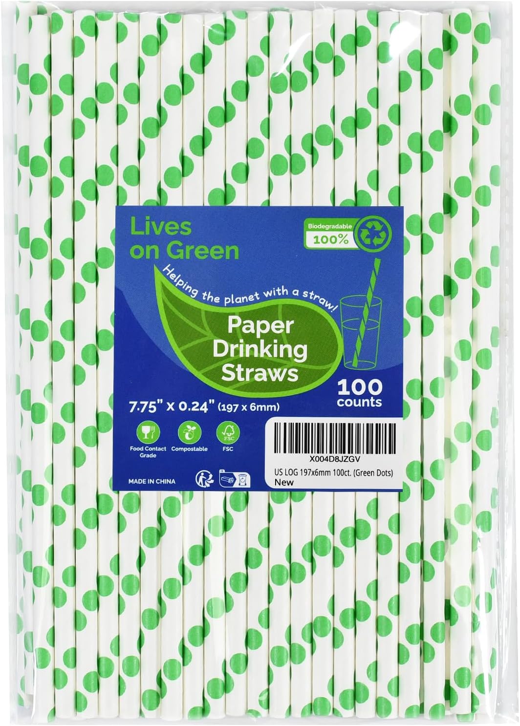 Disposable Green Polka Dots Paper Straws for Drinking 7.75 inch, 100 Counts - Cocktail, Party, Birthday, Decoration, DIY Crafts