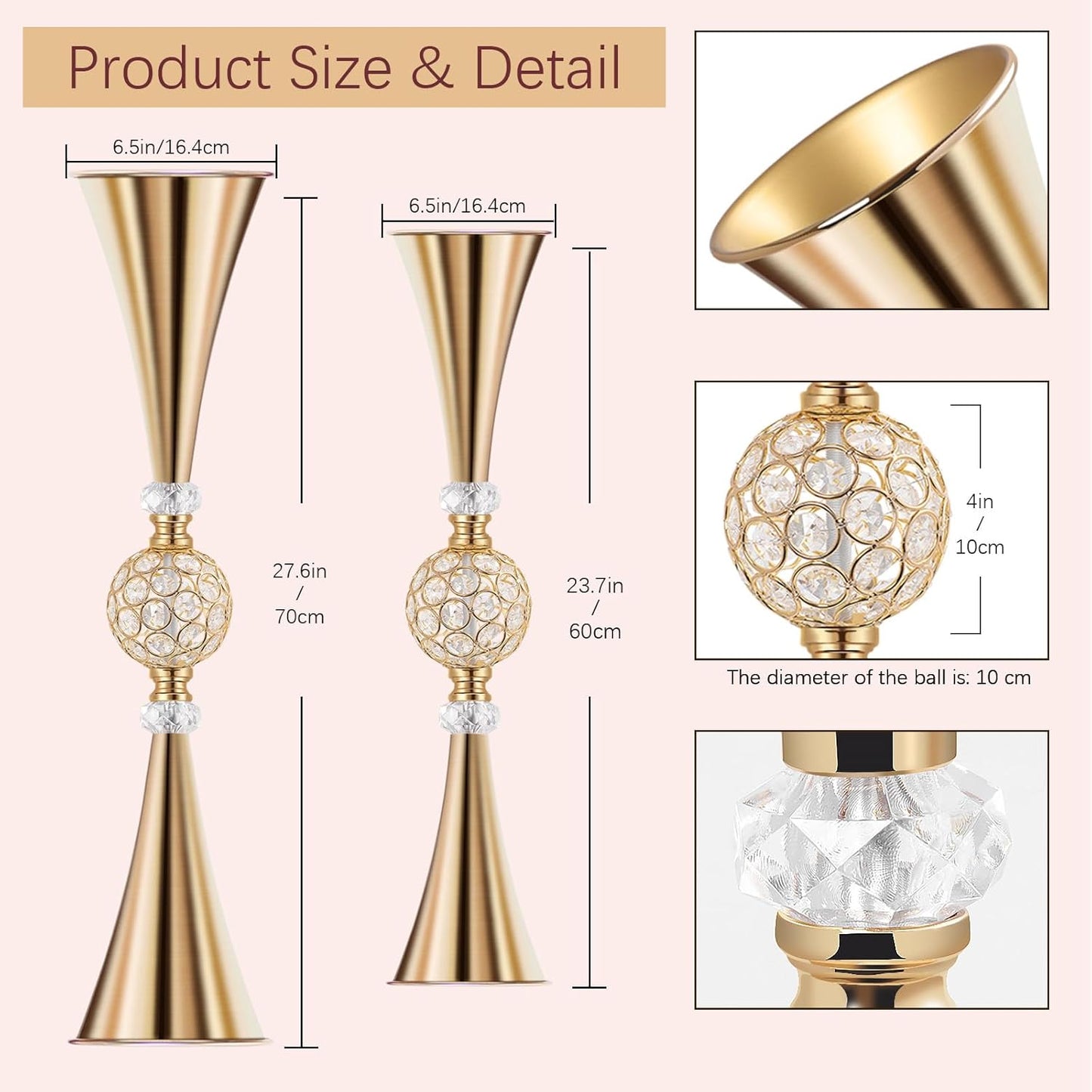 VIJIV Gold Crystal Flower Vases for Centerpieces Tables - Tall Trumpet Vase for Bouquet Decorative, Dining Table Décor Flower Stand with Ribbed Texture for Events, Bridal Showers & Boho Weddings