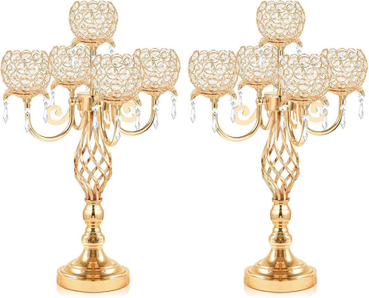 5-Arm Crystal Candelabra Centerpiece 23.2" Tall - Elegant Candle Holder Stand with Crystal Bowl, Chic Table Decor for Weddings, Parties, Anniversary & Home Decoration (2, Gold)