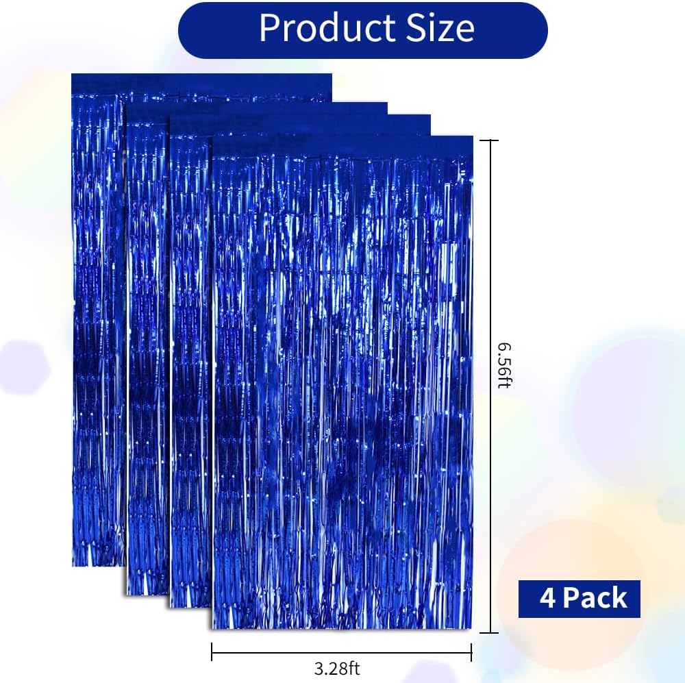 BEISHIDA 4 Pcs Blue Door Streamers Tinsel Curtain Party Backdrop Fringe Foil Wall Background for Birthday Halloween Christmas Wedding Boys Babyshower Party Decoration(3.28 ft x 6.56 ft)