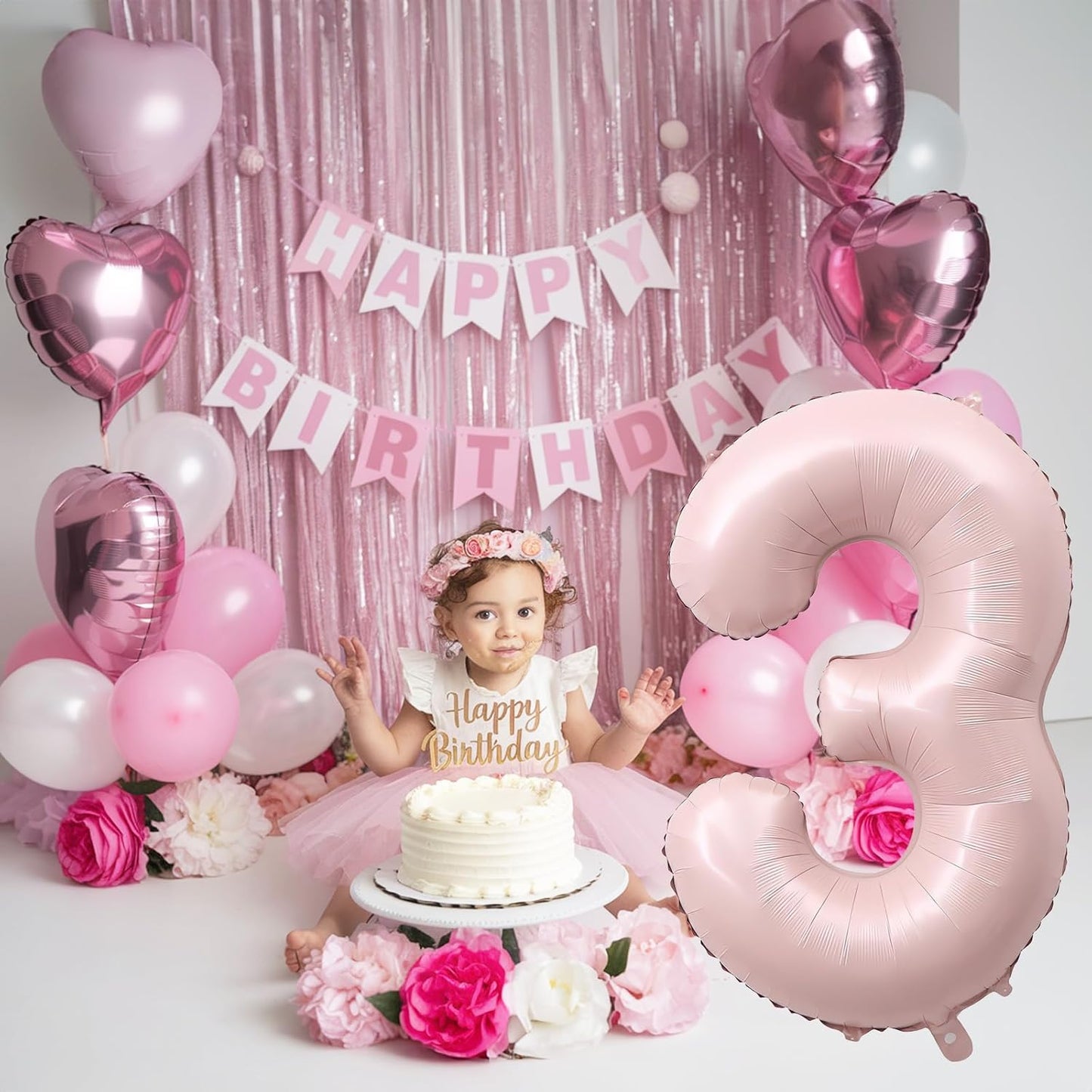 Pink Number 3 Balloon, 40 Inch Giant Pastel Light Pink Number Balloons 0-9 for Girls, Self Inflating Helium Foil 3rd Birthday Balloon 3 for Anniversary Baby Shower Coquette Princess Party Decorations