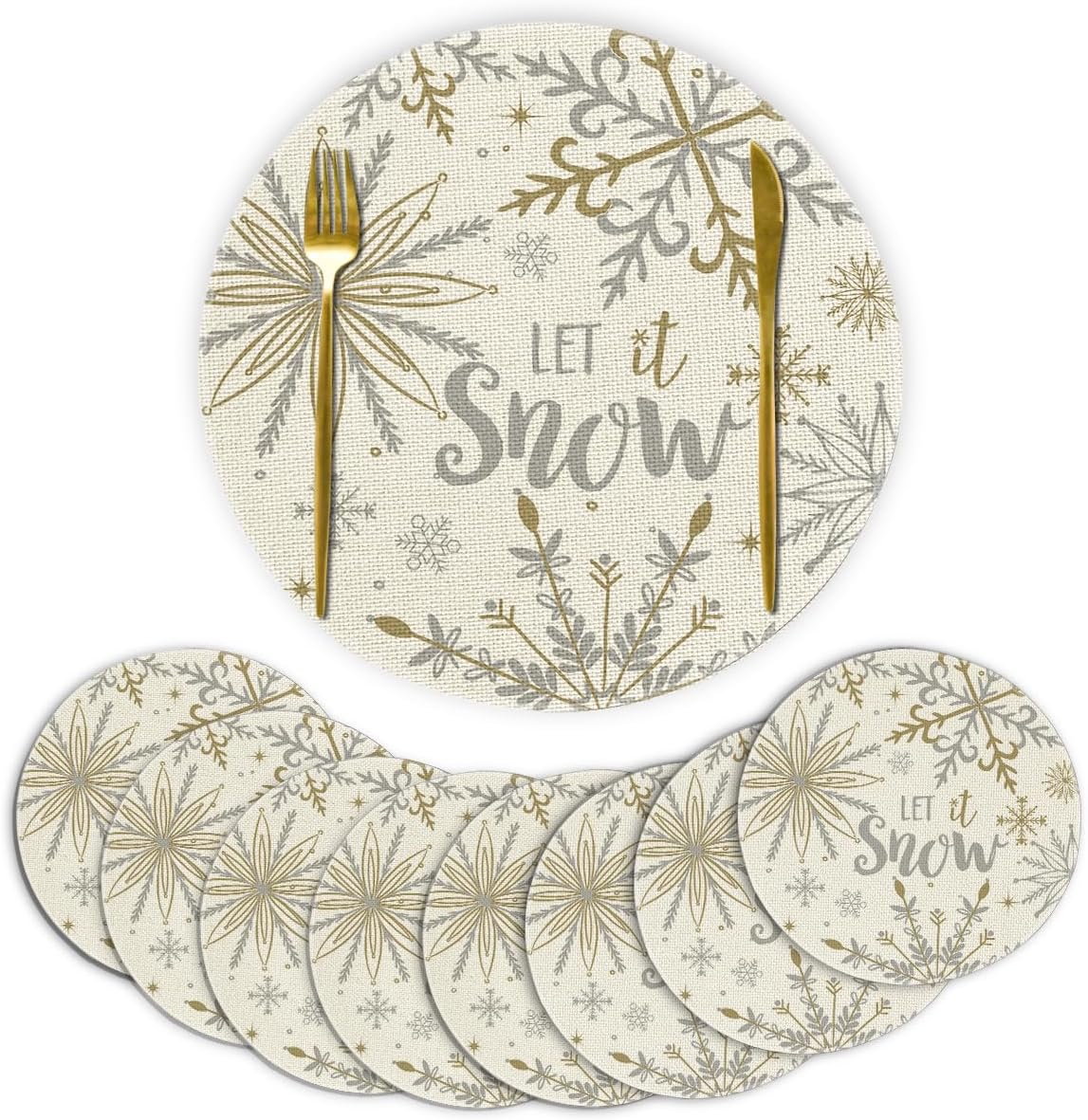 Artoid Mode Beige Snowflake Let It Snow Winter Placemats Set of 8, 14 Inch Seasonal Christmas Xmas Round Table Mats for Dining Decoration
