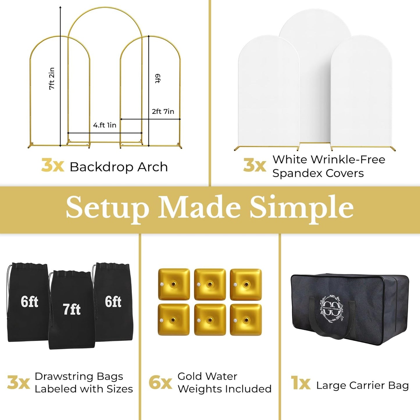 Metal Arch Backdrop Stand and Cover Set – 3 Gold Frames (7.2ft, 6ft x2) with White Wrinkle-Free Spandex Covers, Water Weights, Bags & Case – Wedding, Birthday, Baby Shower, Party Decor