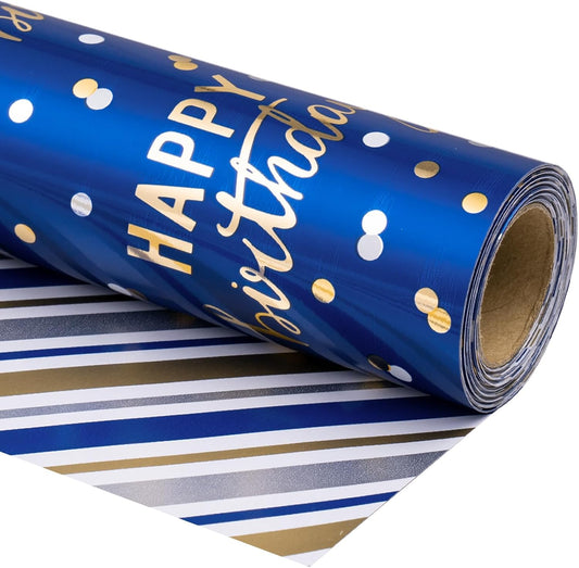 LeZakaa Reversible Blue Birthday Wrapping Paper Roll for Boys Men, Happy Birthday Lettering & Stripe Pattern with Metallic Foil in Navy Blue, Mini Roll, 17 inches x 32.8 Feet (46.45 sq.ft.)