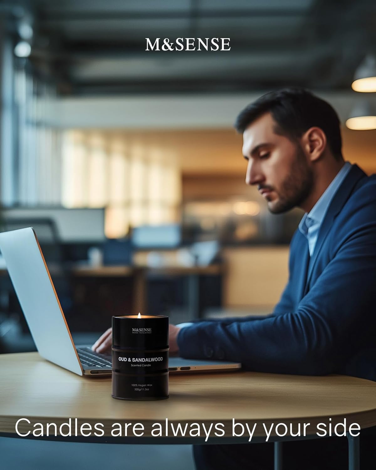 M&SENSE Scented Candle, Oud Sandalwood Medium Jar Candle Gifts for Men, 70 Hours Slow Burning Natural Soy Candles 11.3oz, Stress Relief Aromatherapy Candles Home Decor, Valentines Day Gifts for Him