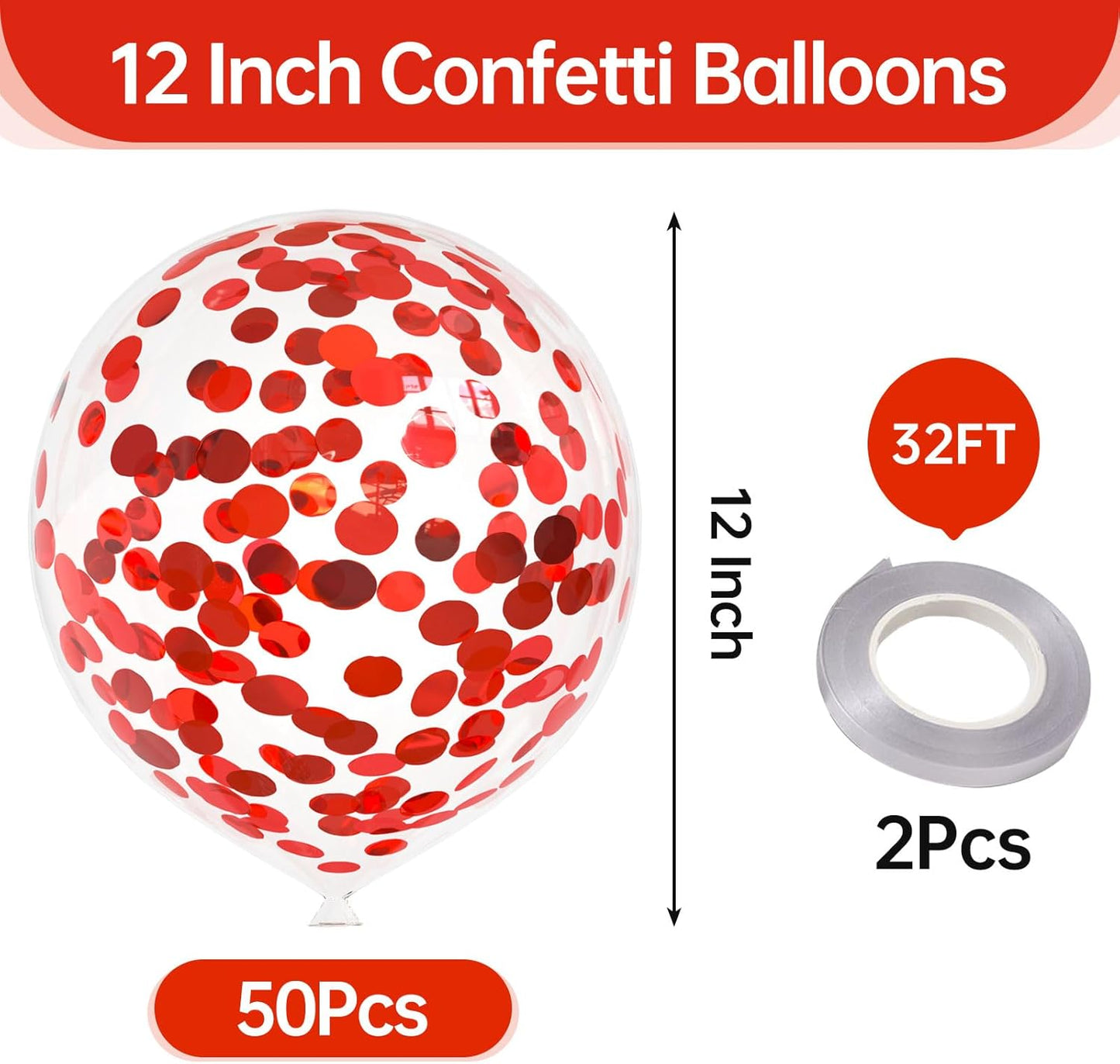 50pcs Red Foil Confetti Balloons,12 inch Latex Balloon with Red Confetti Inside for Birthday Family Party Wedding Party Baby Shower Decoration Supplies