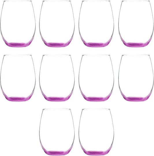 DISCOUNT PROMOS Stemless Wine Glass 9 oz. Set of 10, Bulk Pack - Great for Wedding Favors, Bachelorette Party and More - Pink Bottom Color