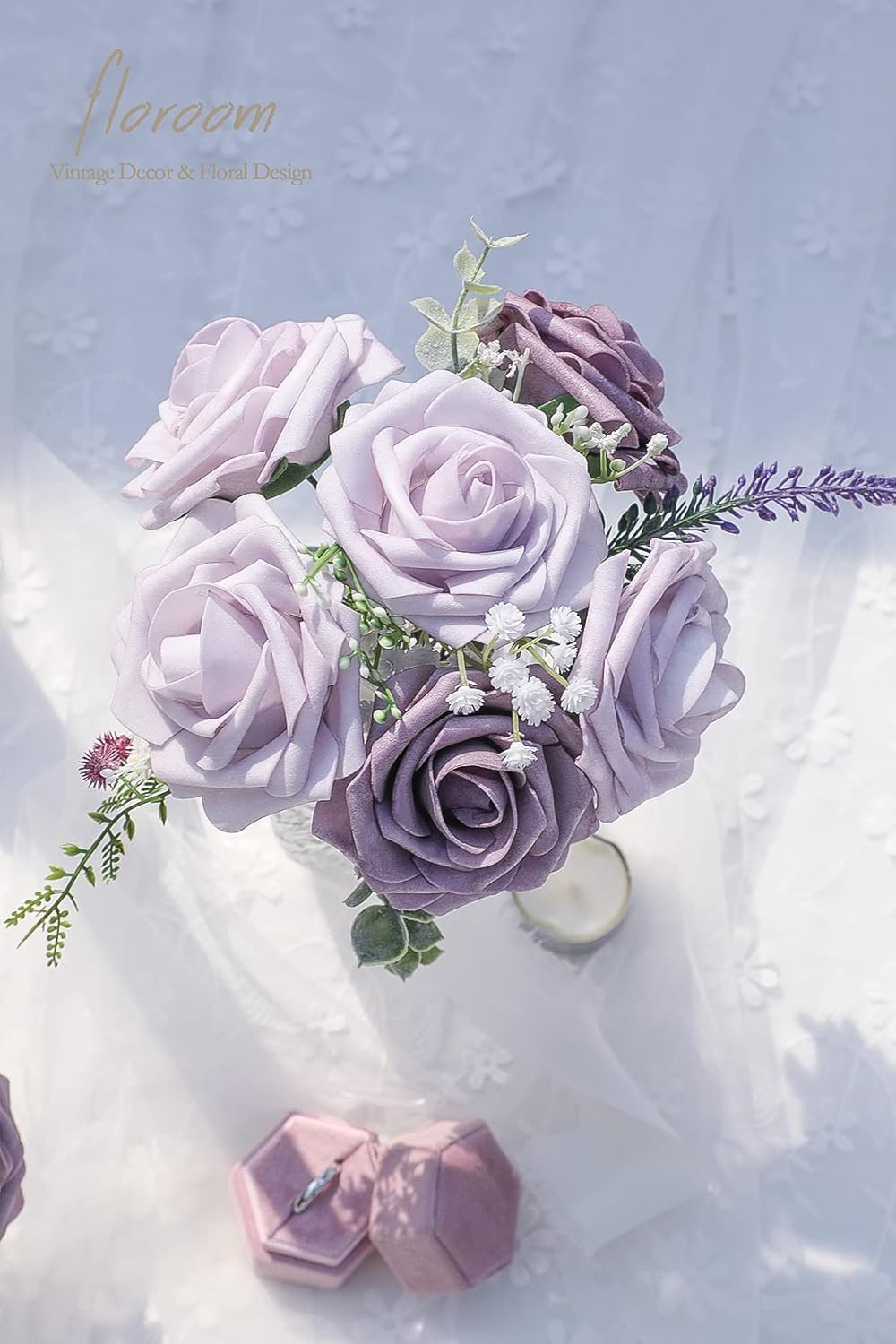 Floroom Artificial Flowers 50pcs Real Looking Lavender African Violet Purple Foam Fake Roses with Stems for DIY Wedding Bouquets Bridal Shower Centerpieces Floral Arrangements Party Tables Decorations