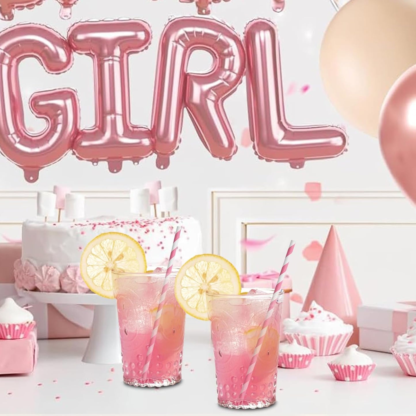 Pink White Striped Paper Drinking Straws 7.75 inch 100 Counts - for Cocktail, Party, Wedding, Baby Shower, Decoration, Crafts