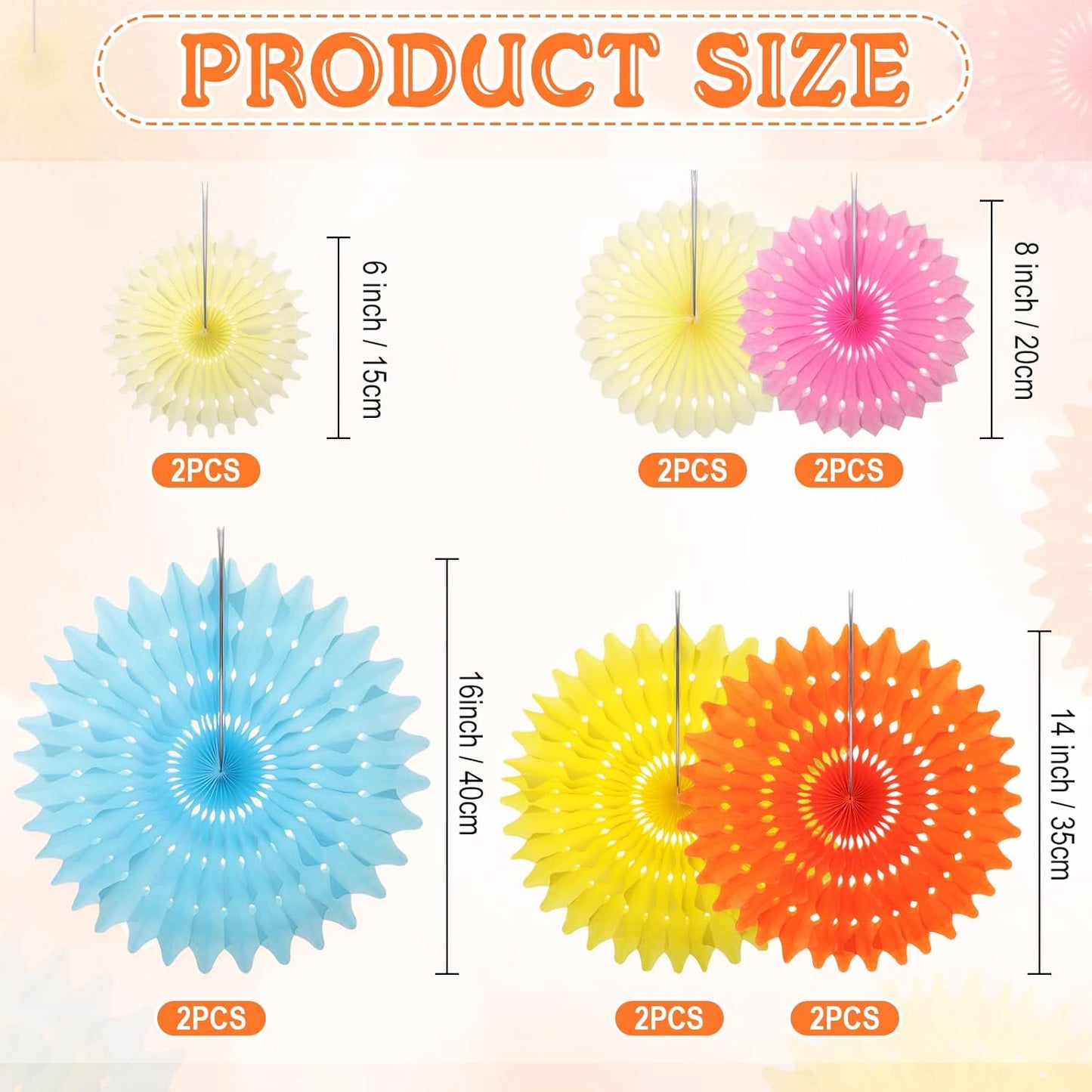 Outus 12 Pcs Hanging Honeycomb Paper Fans Sets, Fiesta Pastel Party Decorations, Tissue Paper Flowers Supplies for Birthday Wall Classroom Wedding Bridal Photo Backdrop (16/14/8/6 Inch)