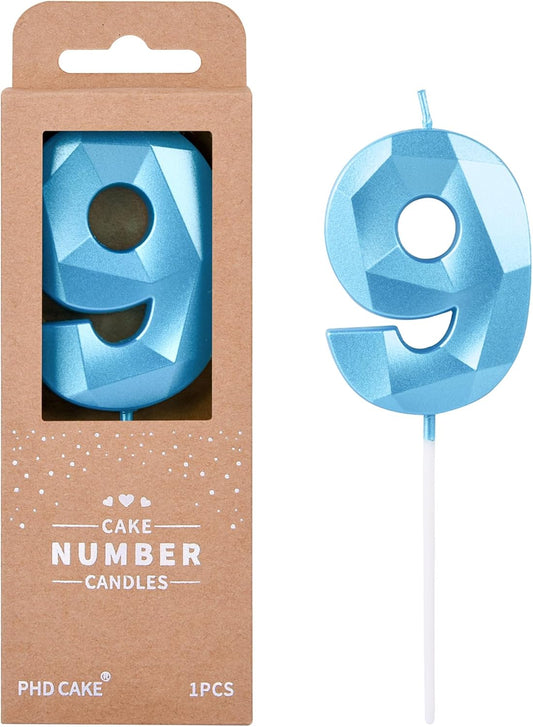 PHD CAKE 2.76 Inch Crystal Blue 9 Number Birthday Candles, Blue Number Candles, Cake Number Candles, Party Celebration
