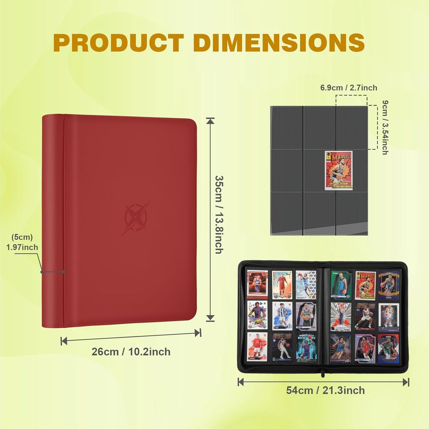 Trading Card Binder, Card Binder 9 Pocket for Trading Cards, Holds 540 Cards, Zippered Premium Card Collection Binder Album for Game Card, Sports Card, Yugioh, MTG (Red)