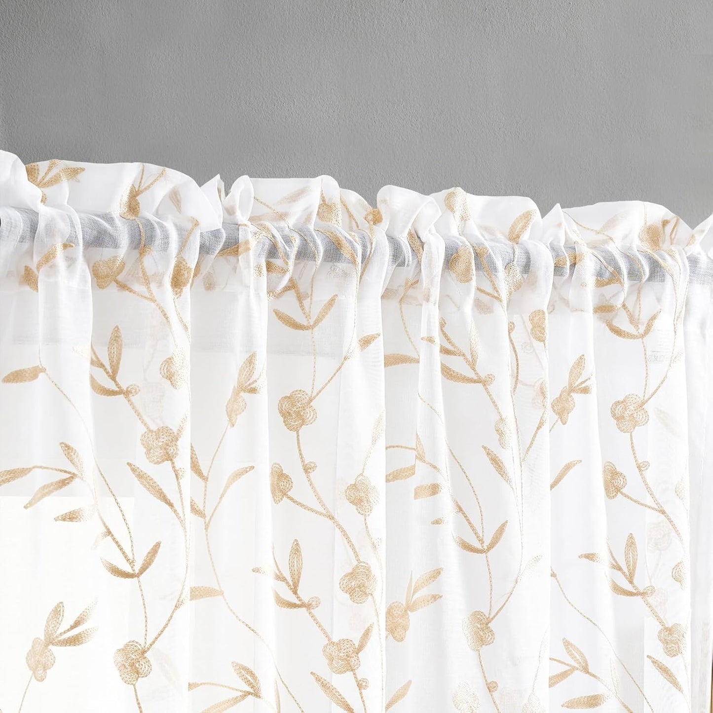 Sheer Curtains 45 Inches White-Beige Floral Embroidery Rod Pocket Voile Drapes for Living room, Bedroom, Window Treatments Lace Outdoor Curtain Panels for Yard, Kitchen, Villa, Set of 2, 52"x 45".