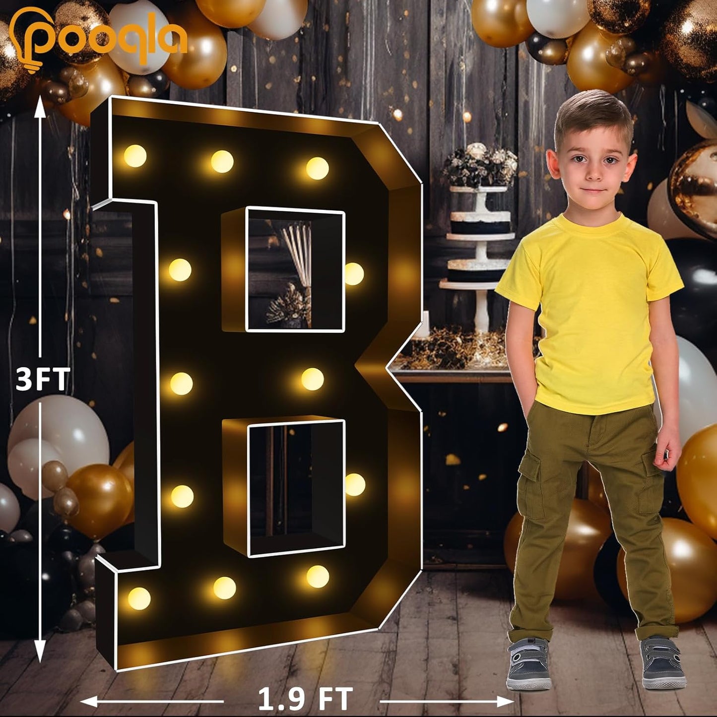 Pooqla 3 FT Marquee Light Up Letters, Black Marquee Letter Lights 3 Feet Tall, Giant LED Sign Big Mosaic Letters for Balloons Birthday Party Anniversary Wedding Decorations, Warm White B