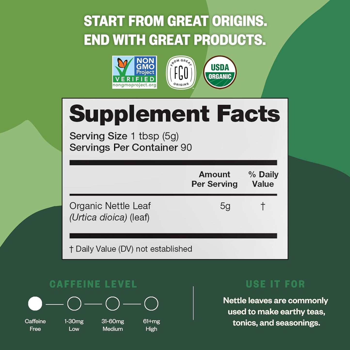 FGO Organic Nettle Leaf Loose Tea, Cut and Sifted, Caffeine Free, 4oz Resealable Bag, Packaging May Vary (Pack of 1)