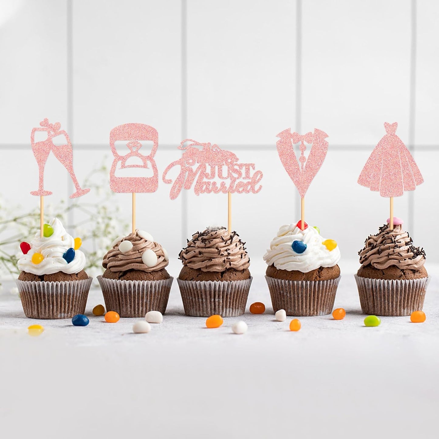 25 Pcs Bride and Groom Cupcake Toppers Wedding Dress Diamond Ring Cupcake Picks Bridal Shower Wedding Engagement Anniversary Party Cake Decorations Supplies Rose Gold