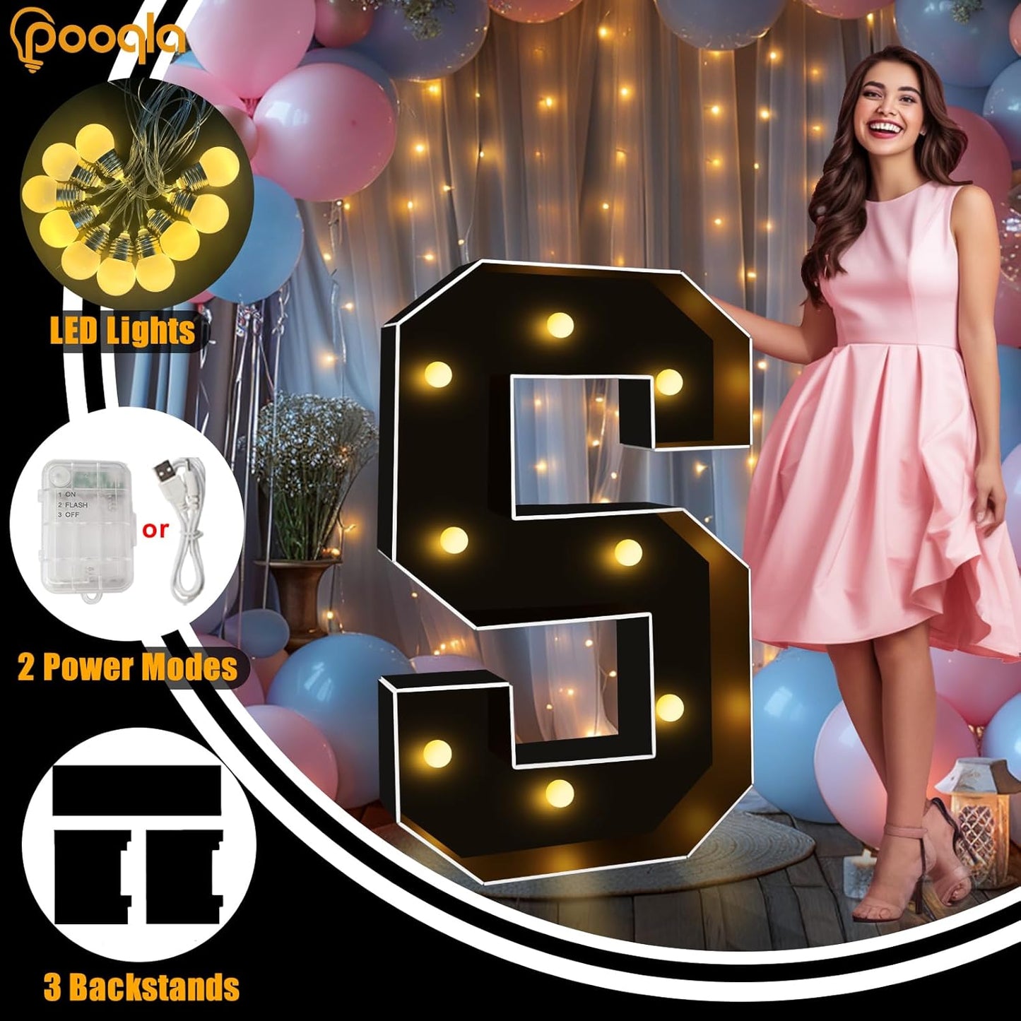 Pooqla 3FT Marquee Light Up Letters, Black LED Party Decor Large Marquee Letters 3 Feet Tall, Giant Mosaic Letter for Birthday Graduation Anniversary Wedding Decoration, Letter Q