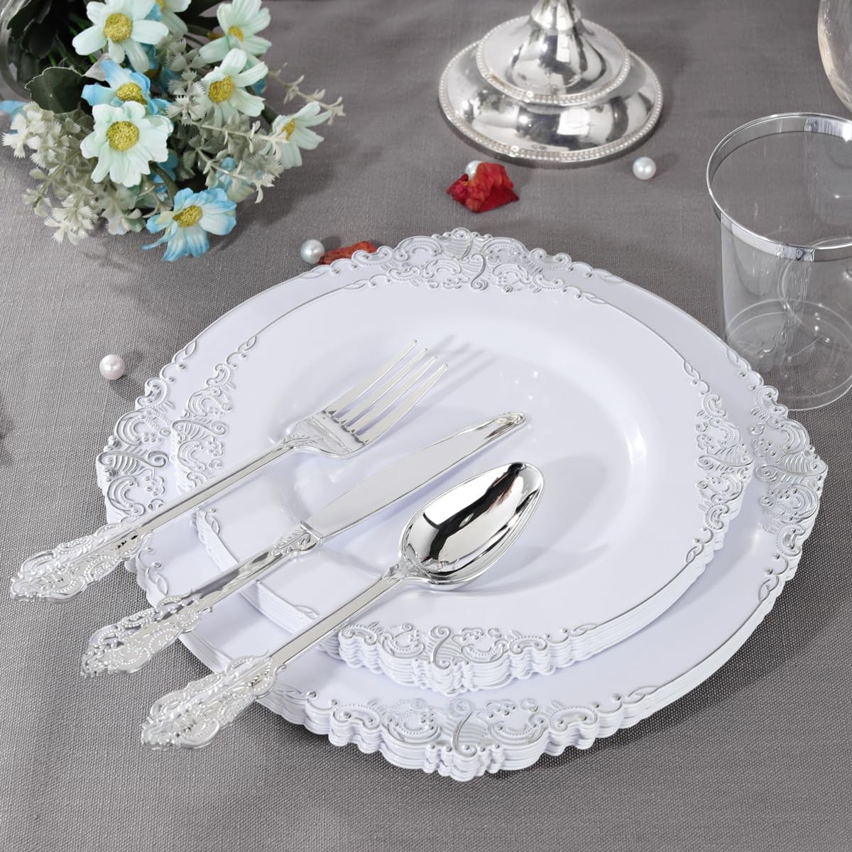 Liacere 150PCS Silver Plastic Plates with Silver Cutlery - Disposable Plastic Plates Include 30Dinner Plate, 30Dessert Plate, 30Knives, 30Spoons, 30Forks - Ideal for Wedding&Christmas